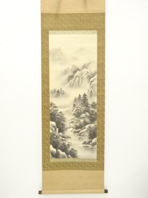JAPANESE COLLECTIBLE / HANGING SCROLL SILK / INK / LANDSCAPE BY GYOKUH